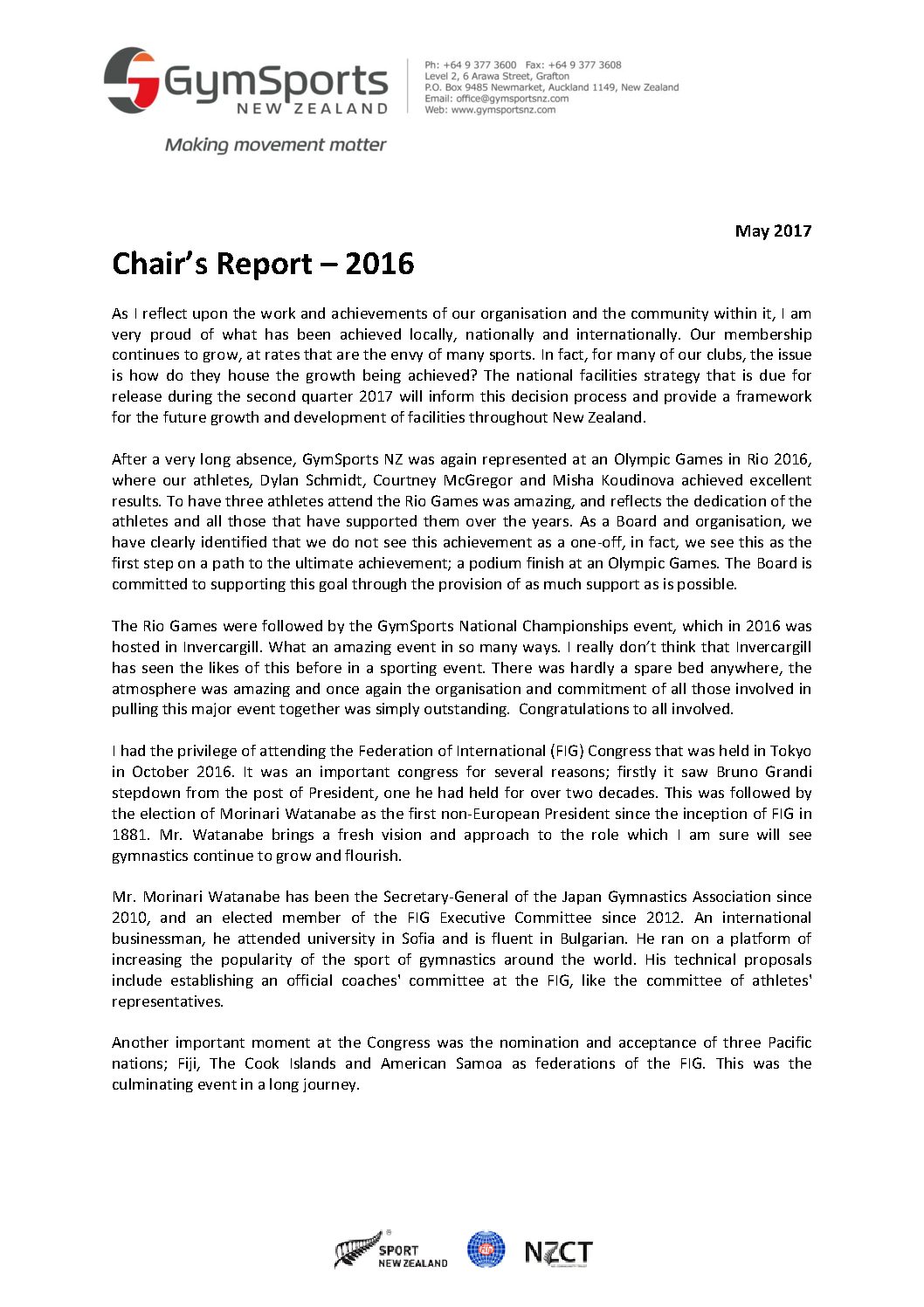Chair’s Report 2016 GymnasticsNZ