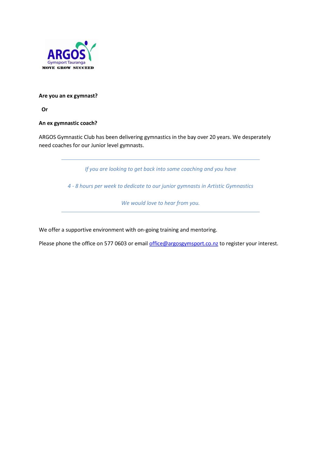 ARGOS Junior Coach Vacancies 2017 GymnasticsNZ