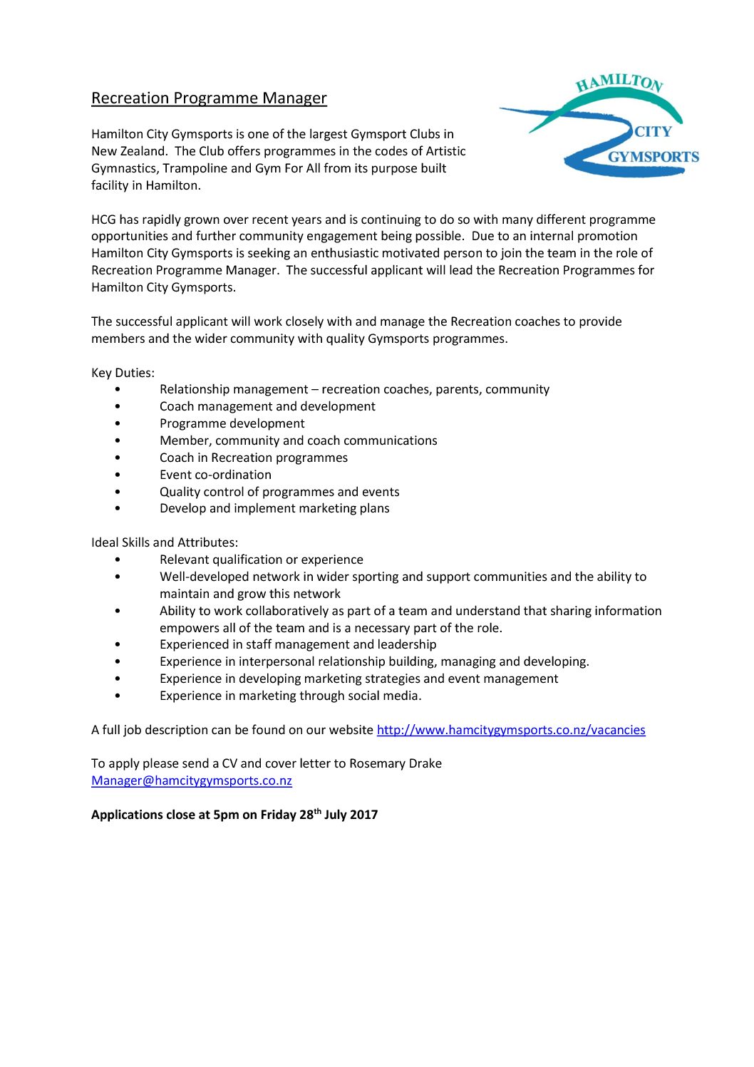 Recrwation Program Manager Recreation Programme Manager Advert | GymnasticsNZ