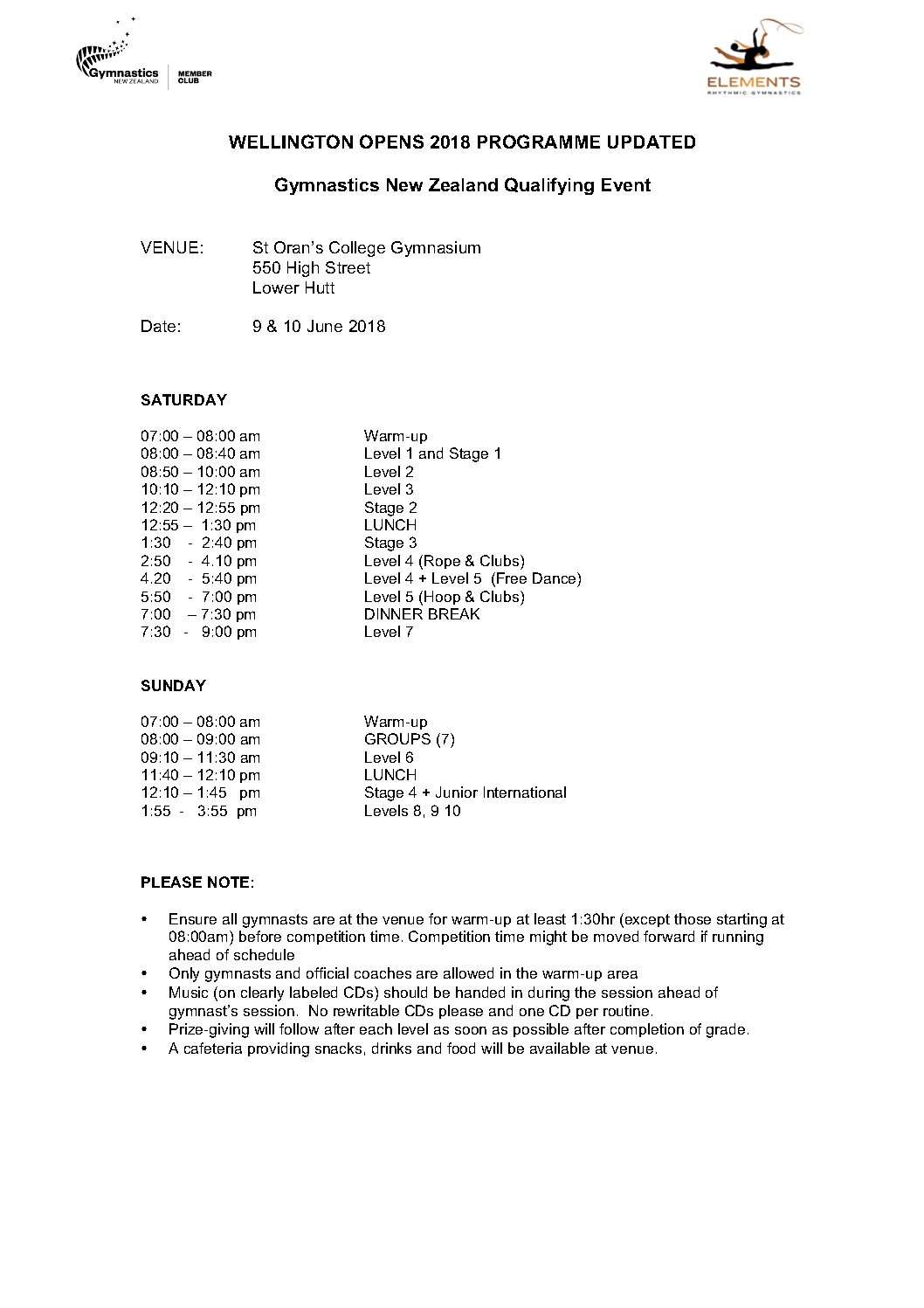 WELLINGTON OPENS Timetable GymnasticsNZ