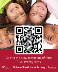 Photo of children huddled with smiley faces and QR code to the voice of participant survey and go in the draw to win a Prezzy card.