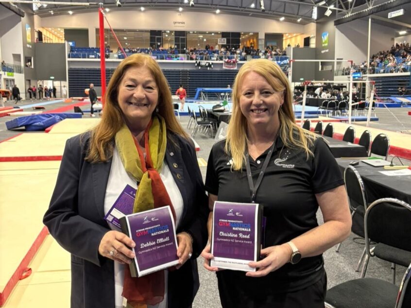 Gymnastics NZ service awards recipients Debbie Elliot and Christine Reed