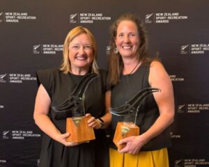 Andrea Nelson and Belinda Randall from Gymnastics NZ with their inidvidual awards.